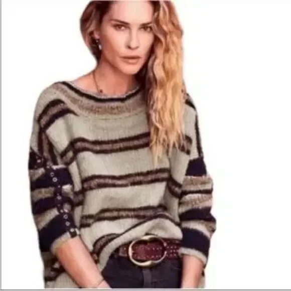Free people sid striped oversized sweater size M black brown - Picture 1 of 7